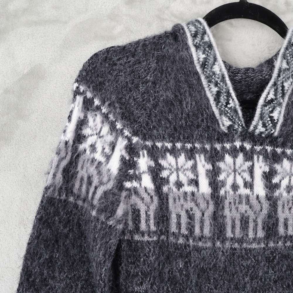 Alpaca Snowflake Hooded Sweater Womens XS Charcoal Gray Fringe Hem Apres Ski - Picture 4 of 16